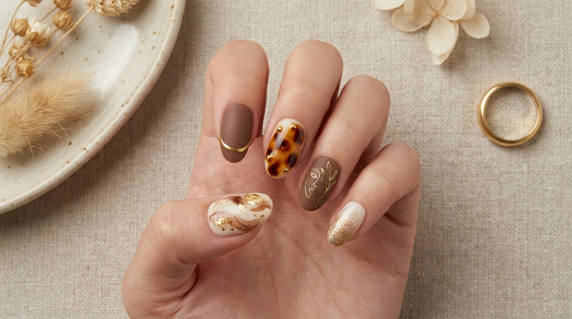 Every nail is different, but a shared palette keeps the set from feeling random