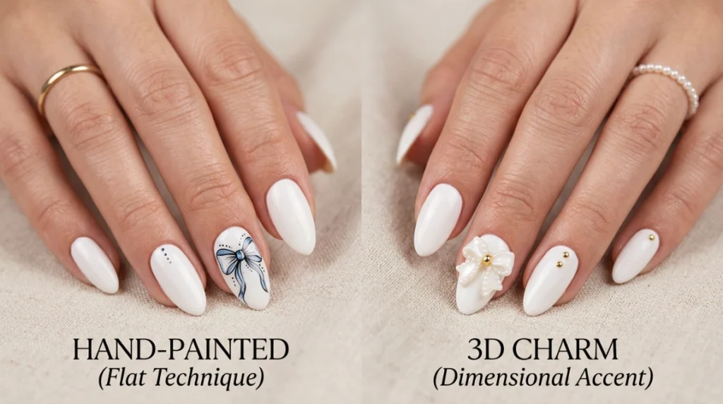 hand painted versus 3D charm bow nails