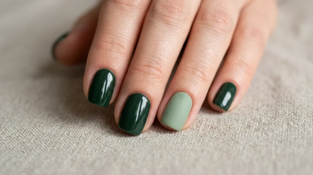 green leopard print nails - lighter olive base on accent nail