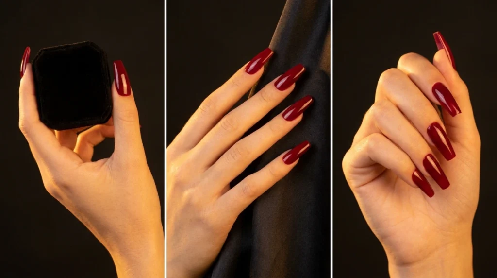 coffin shape acrylic nails vampy red side profile.