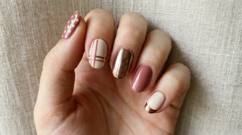 Five different patterns, one repeated color palette, is what keeps a mismatched set looking intentional.