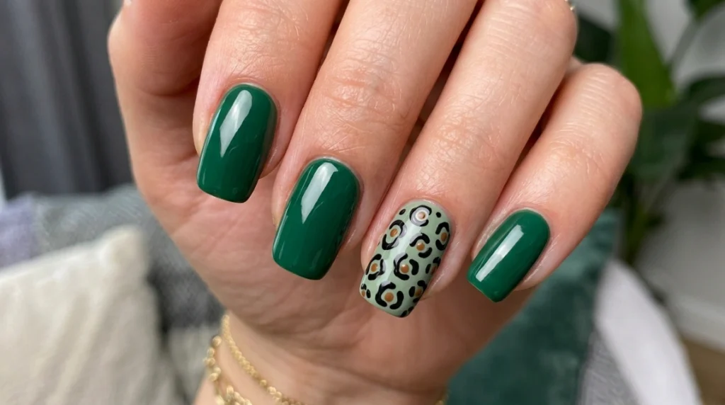 green leopard print nails - black rosette outline painting