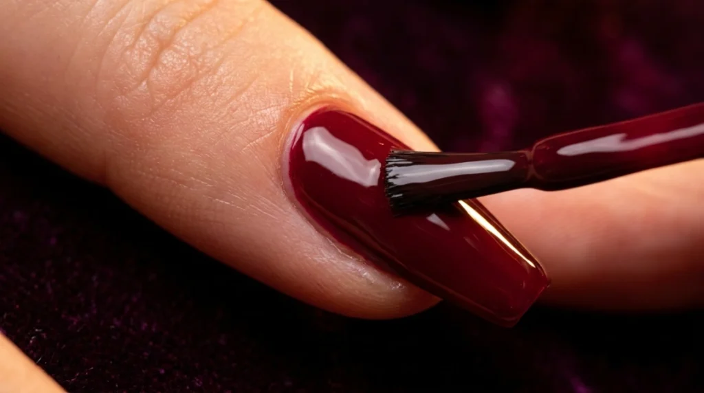 applying second coat of vampy red acrylic polish.