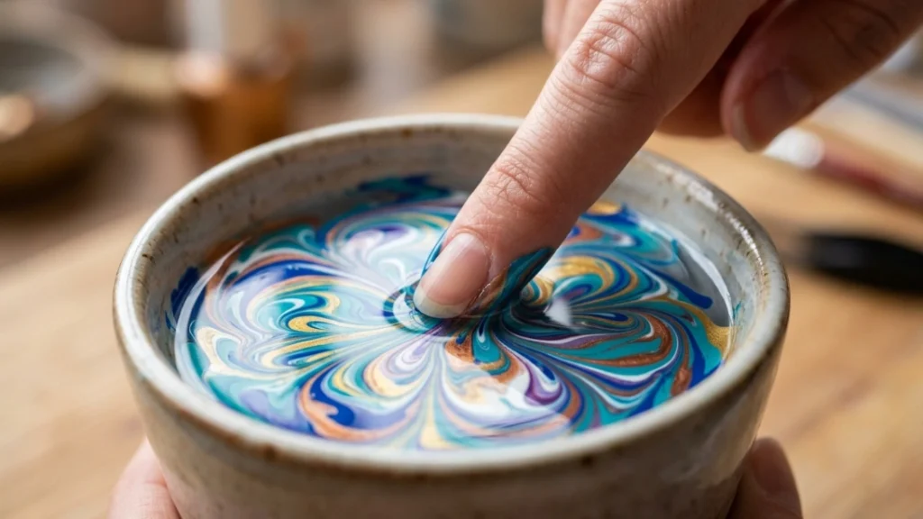 marble nail art at home - dipping nail into marbled pattern