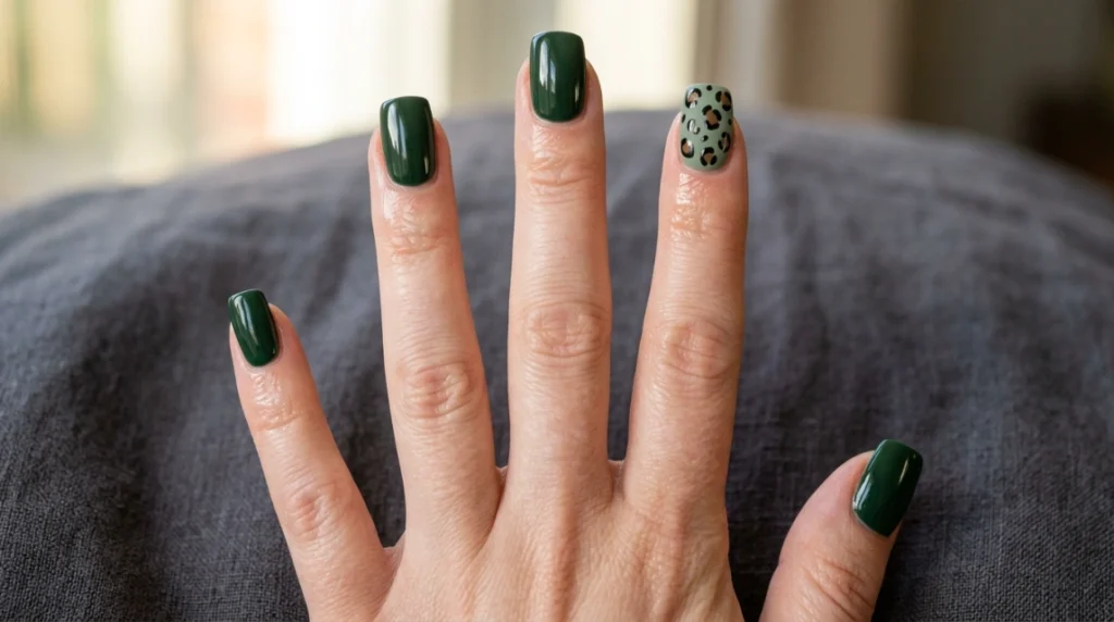 green leopard print nails - brown rosette center detail
