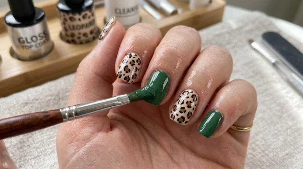 green leopard print nails - curing and detail cleanup