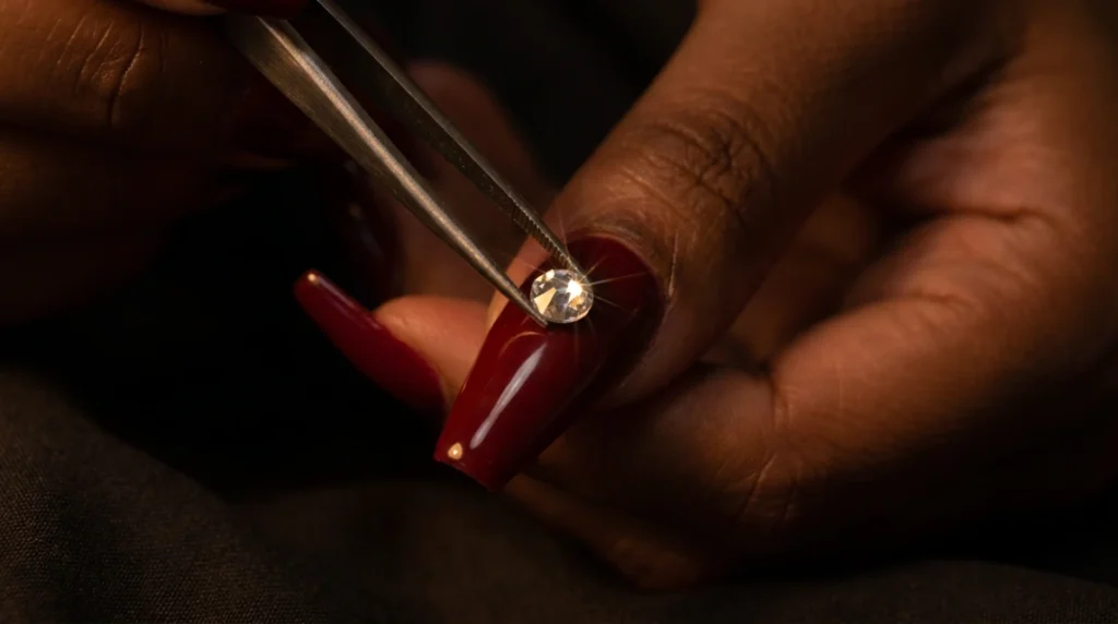 placing rhinestone accent on vampy red acrylic nail.