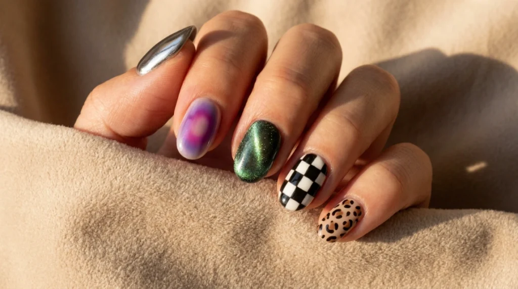 Chrome, cat-eye, and checkerboard designs mixed on one hand for a current, editorial look