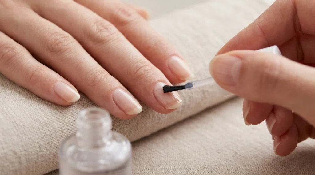 Applying clear base coat before tomato red nail polish