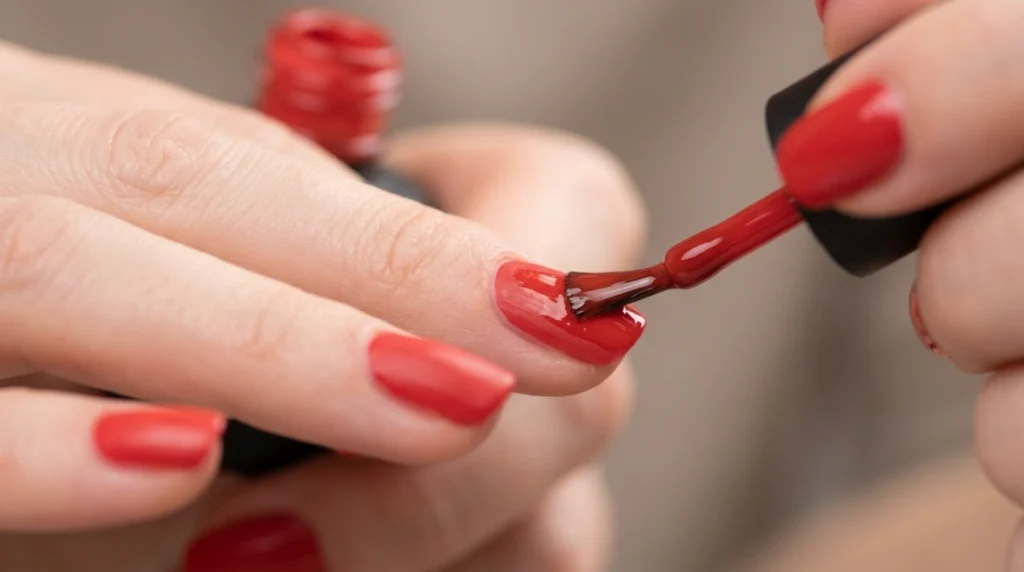 Second coat of tomato red nail polish being applied