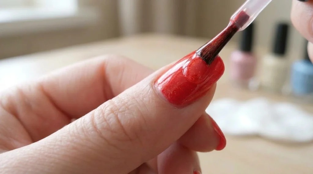Glossy topcoat being applied over tomato red nails for a glazed finish