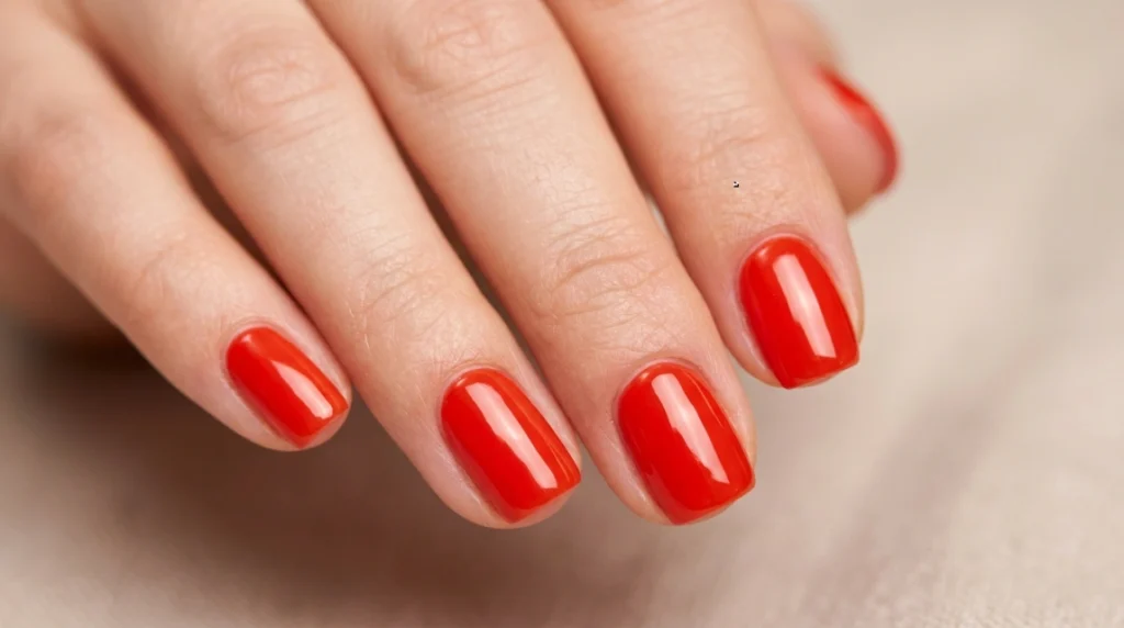 Finished tomato red nails with a glazed, high-shine finish
