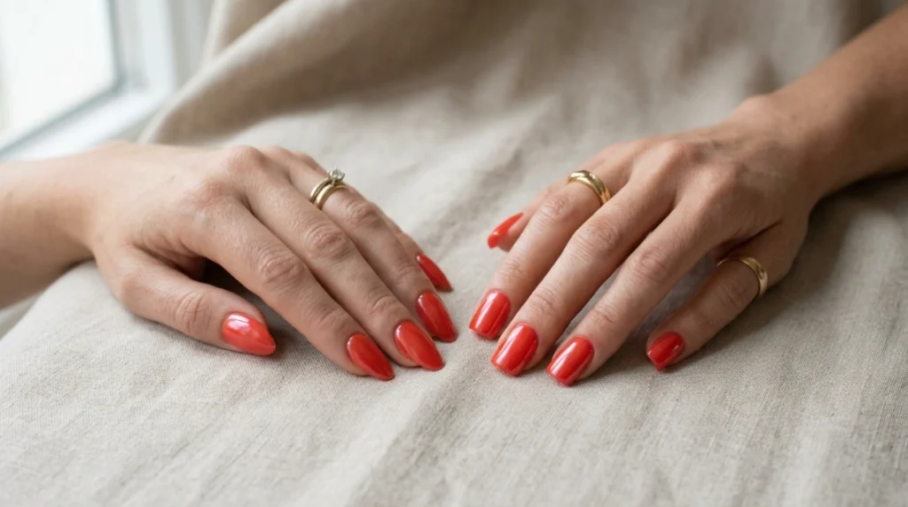 Tomato red nails shown on short almond and squoval shapes