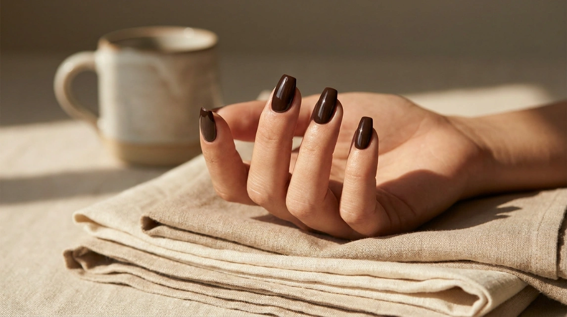 Woman's hand with short coffin nails fanned out showing the flat tapered tip shape in a deep espresso brown polish