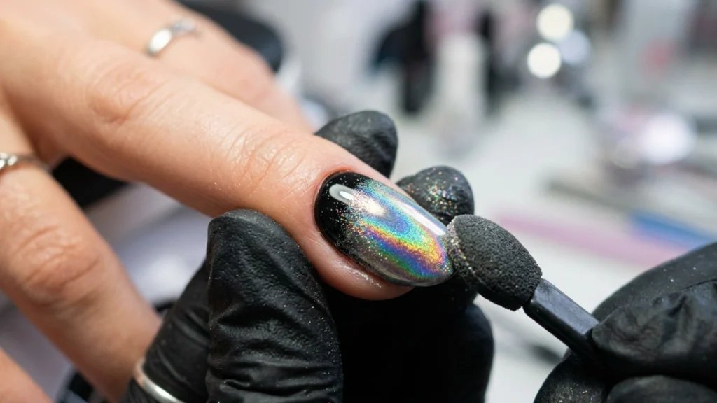 chrome vs metallic nails - chrome powder buffing application