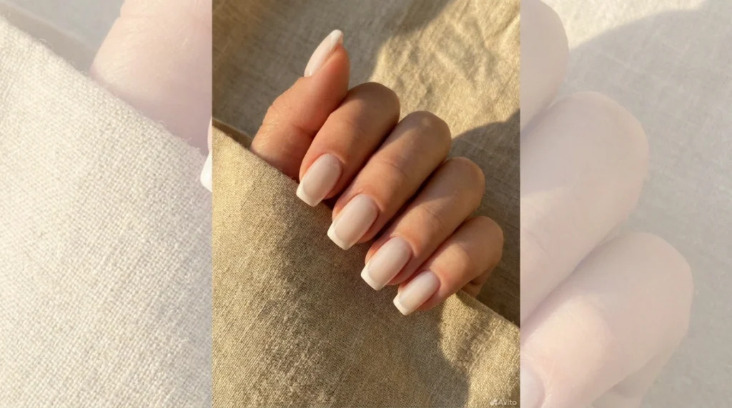Short coffin nails with a classic milky French manicure design