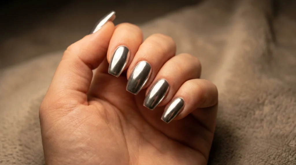 Short coffin nails finished in a mirror silver chrome polish