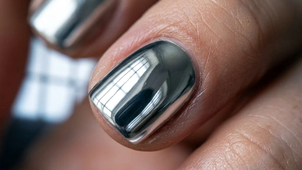 chrome vs metallic nails - mirror reflection macro detail