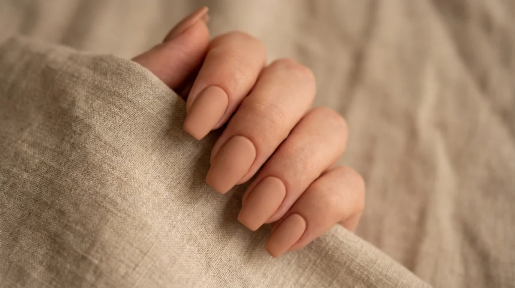 Short coffin nails painted in a single matte nude shade