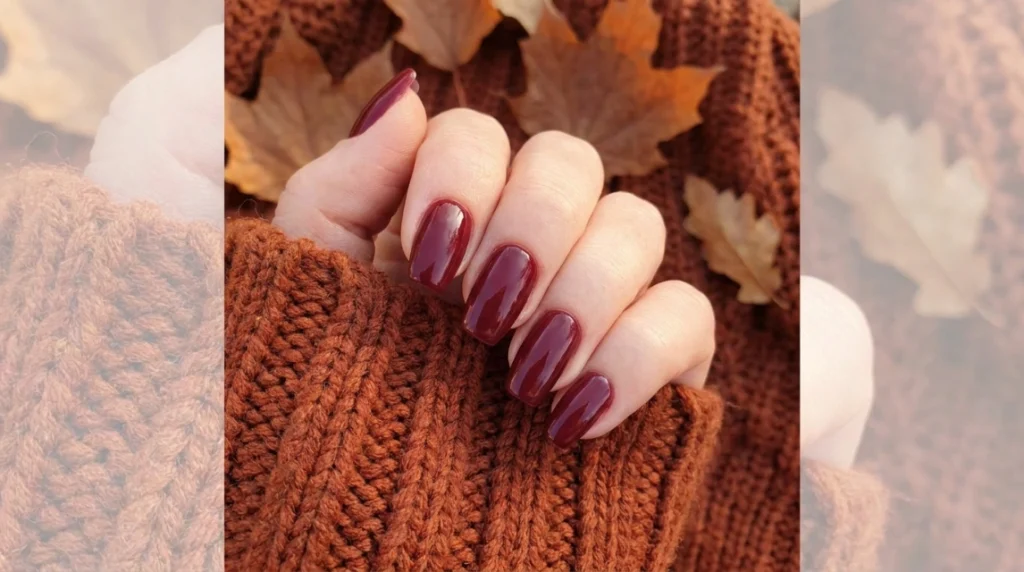 Short coffin nails in a deep wine red fall-toned polish