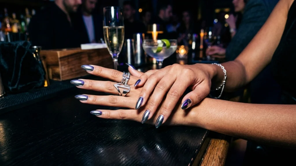 chrome vs metallic nails - chrome manicure styled for evening event