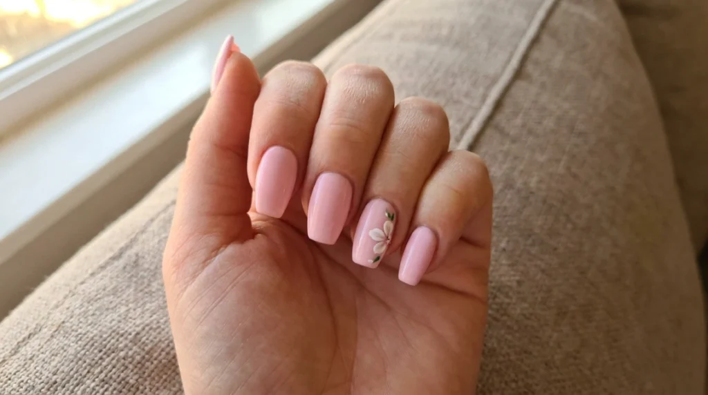Short coffin nails with a small hand-painted flower accent nail