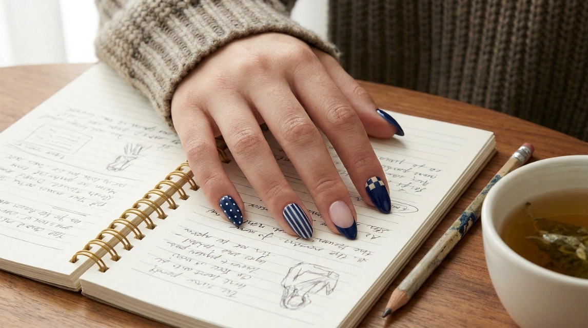 mismatched nail designs for teens - navy color story feature image
