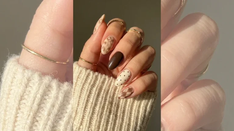 Deer print nails in a mixed Bambicore manicure with fawn print, argyle, and polka dot accents on almond nails