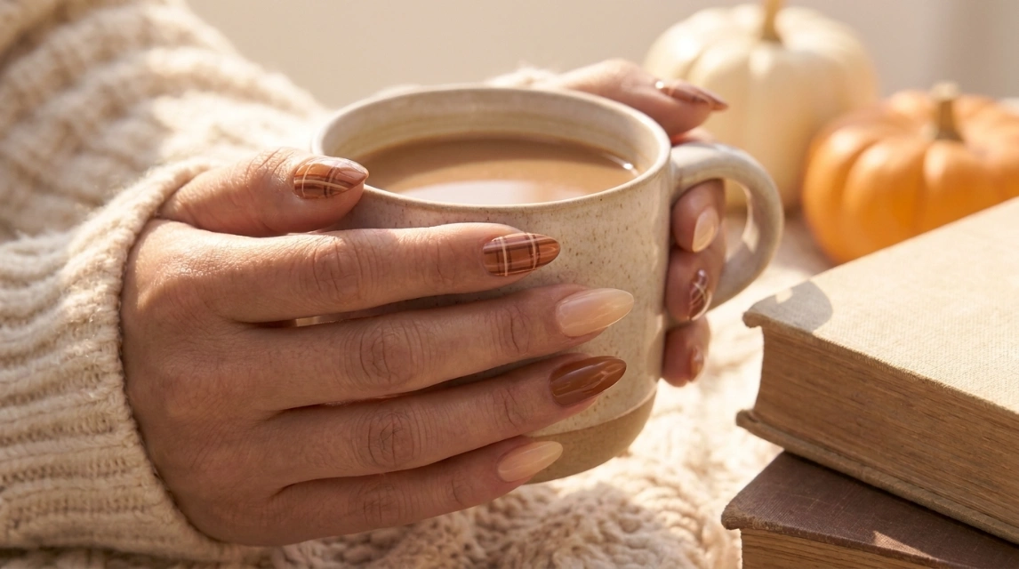 brown plaid almond nails - cozy coffee cup feature image