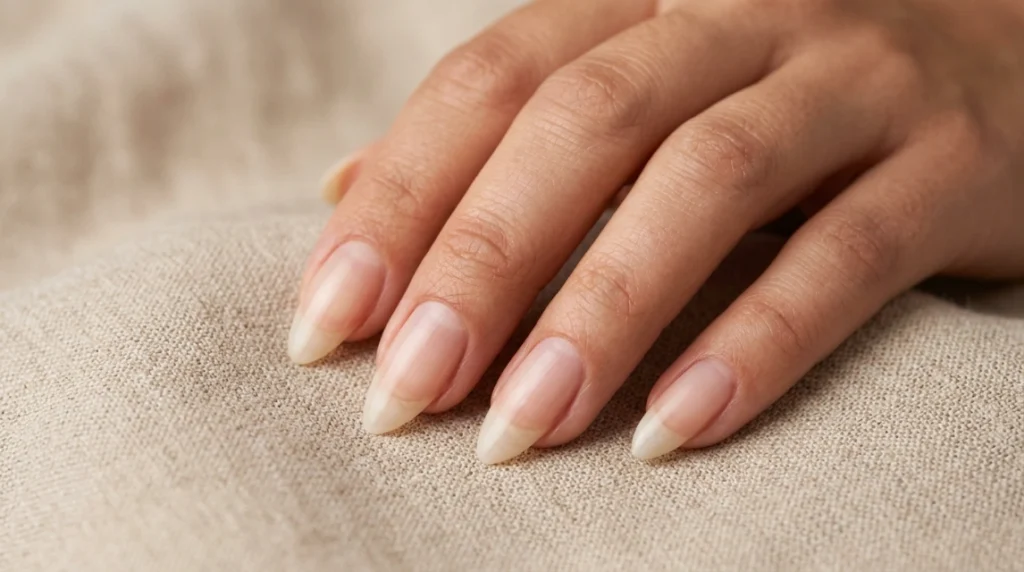 Clean, prepped nails are the starting point for brown plaid almond nails.