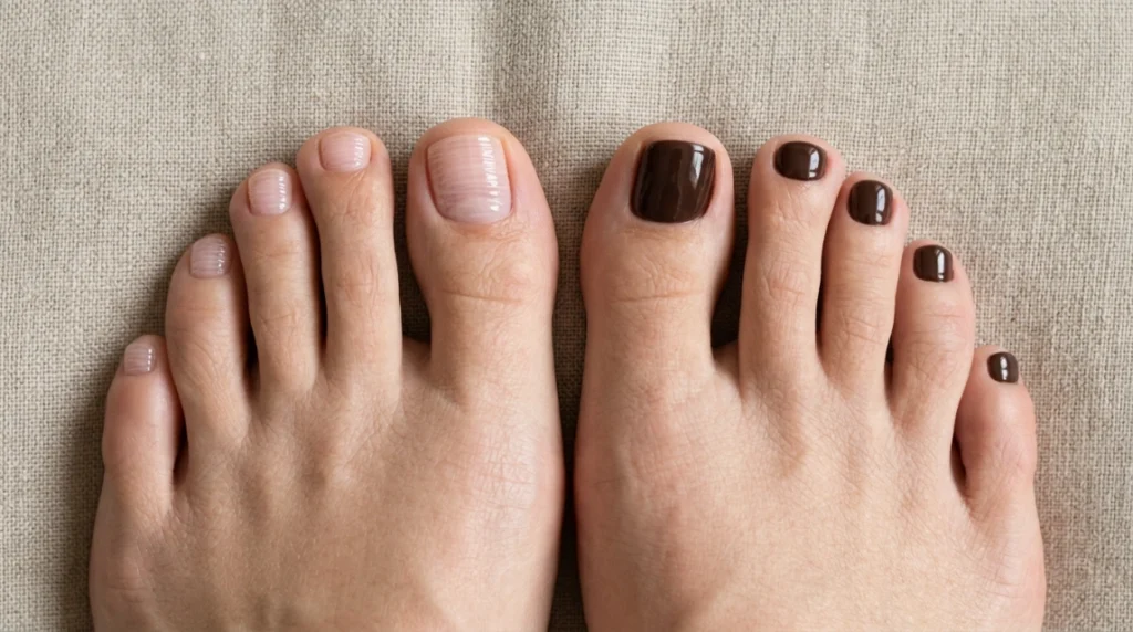 comparison of sheer versus opaque fall toe nail colors.
