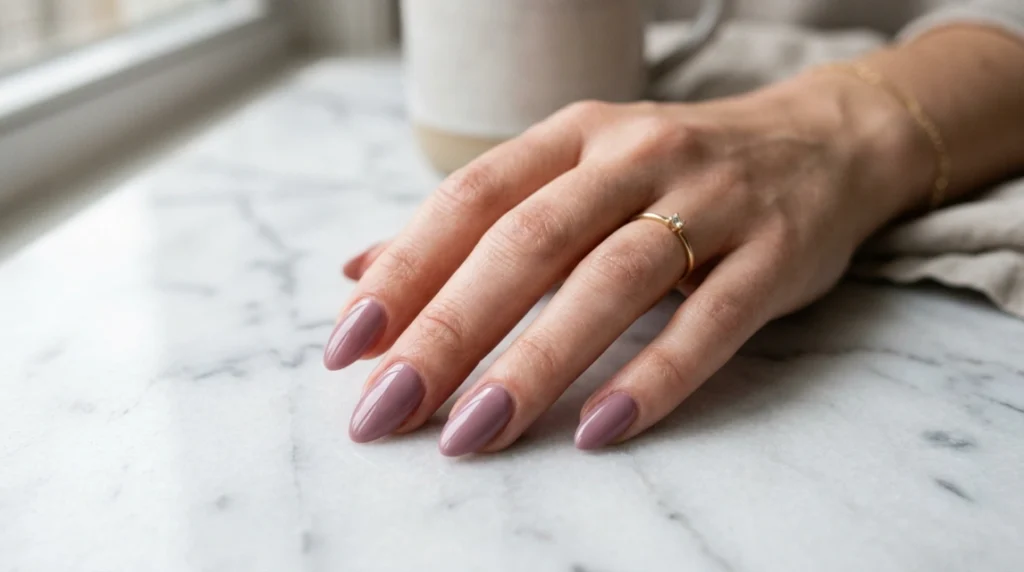 glossy solid dusty mauve nails almond shape
