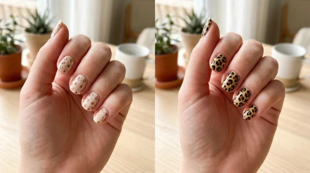 Deer print nails use smaller spots and warmer, lower-contrast tones than classic leopard print