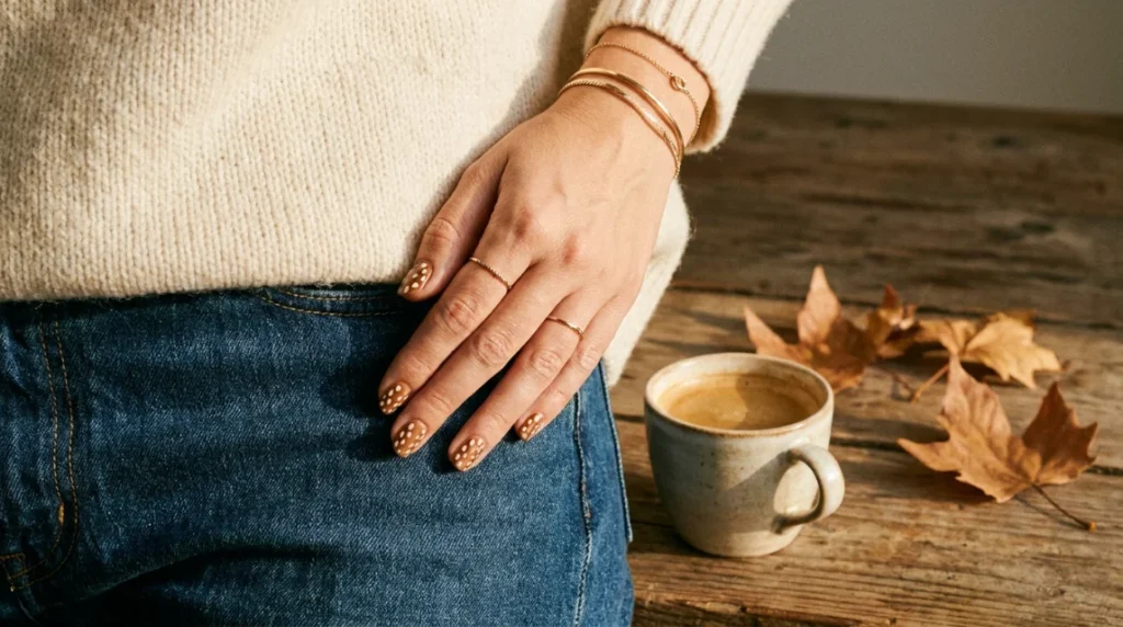 Deer print nails pair naturally with cream knits, denim, and warm autumn tones.