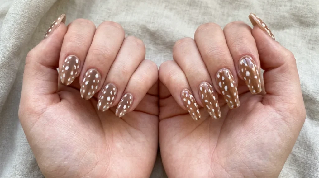 Deer print nails work well across shapes, from short almond to coffin.
