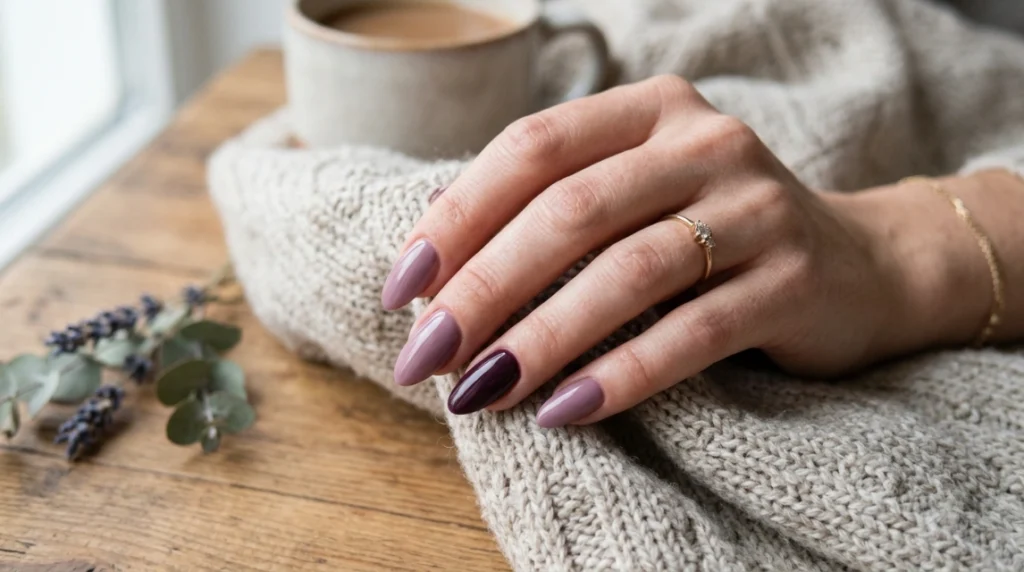 Dusty mauve nails with a deep plum accent