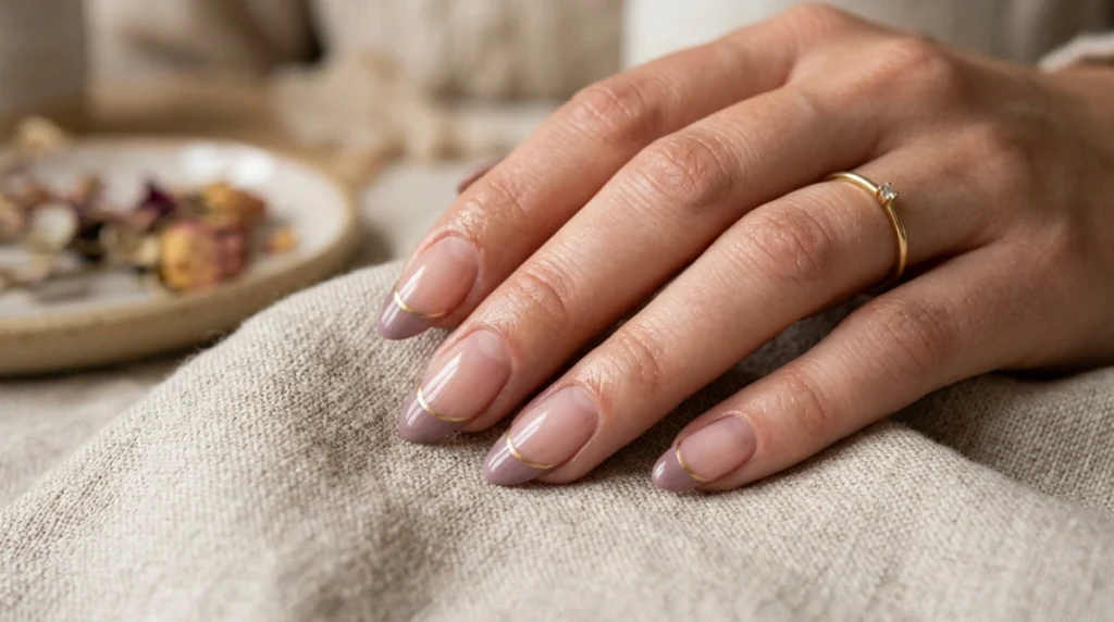 Dusty mauve French tips finished with a gold line