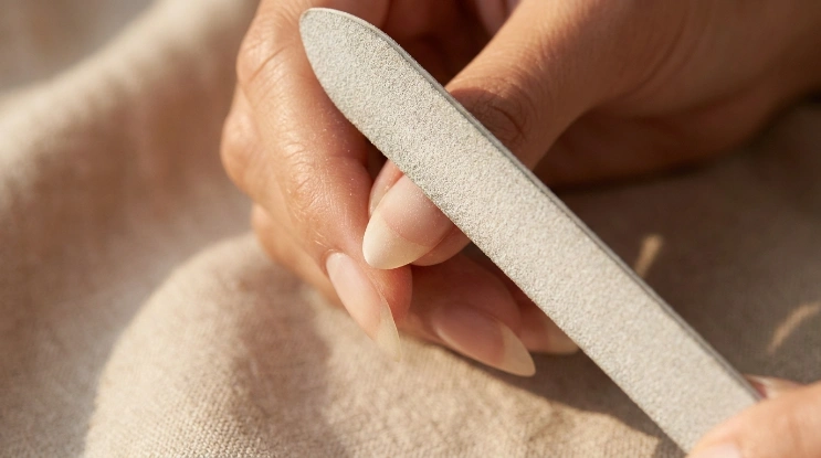 Shaping a soft almond taper sets up the elongated look of brown plaid almond nails.