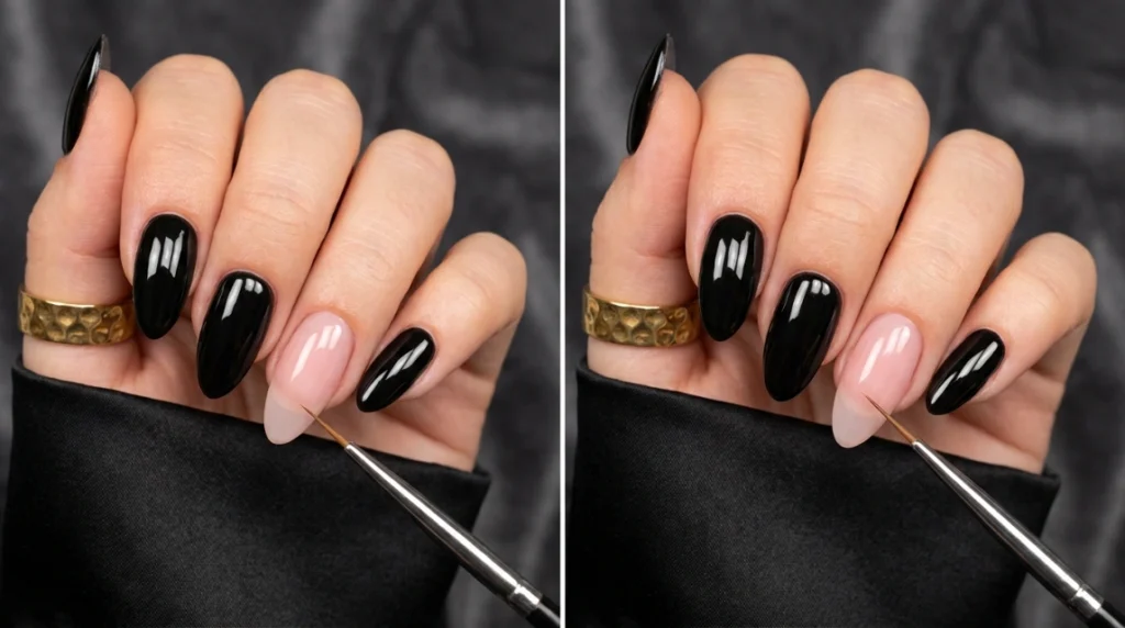 black butterfly nails - sheer pink wing base on accent nail