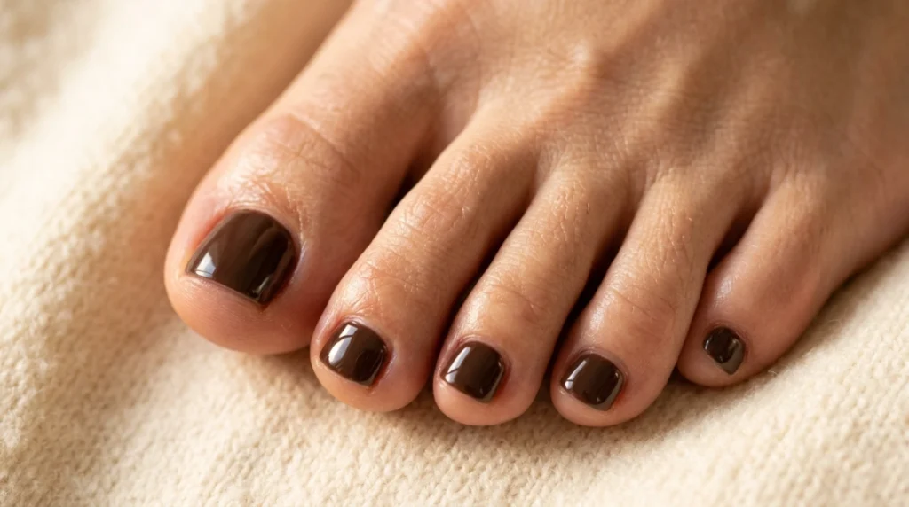 espresso brown and black cherry fall toe nail colors swatched.