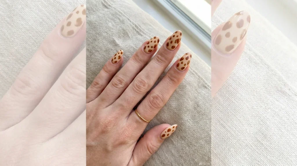 Full fawn print deer print nails with brown dappled spots on a cream base
