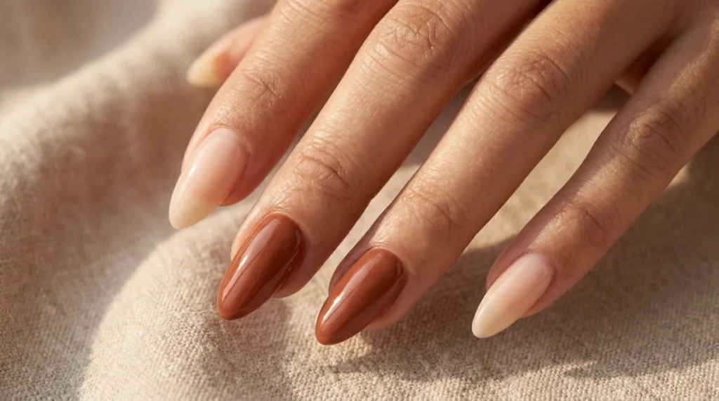 Terracotta brown and milky nude base colors form the foundation of brown plaid almond nails.
