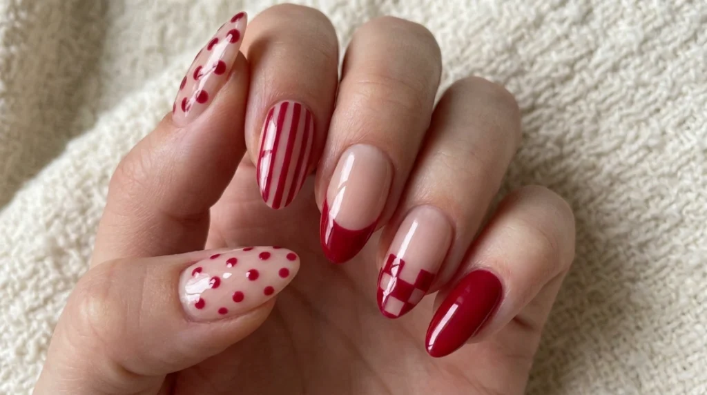 A cherry red color story unifies five completely different nail designs