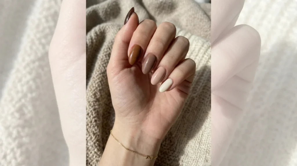 Deer print nails paired with polka dots and argyle for a cozy, pattern-mixed manicure.