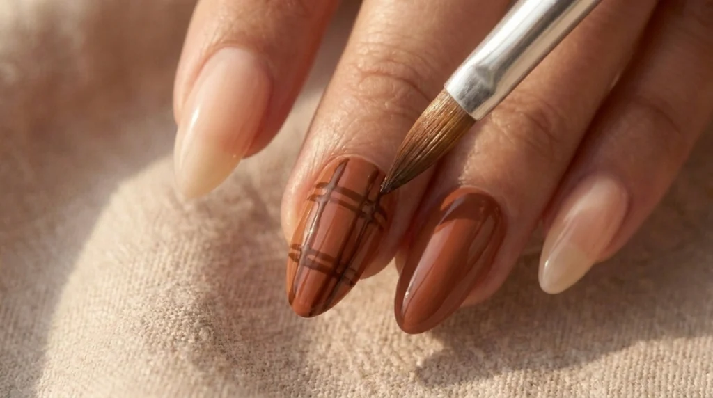 The first vertical lines begin the plaid pattern on brown plaid almond nails.