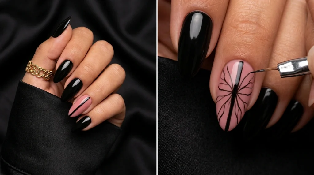 black butterfly nails - branching wing vein detail