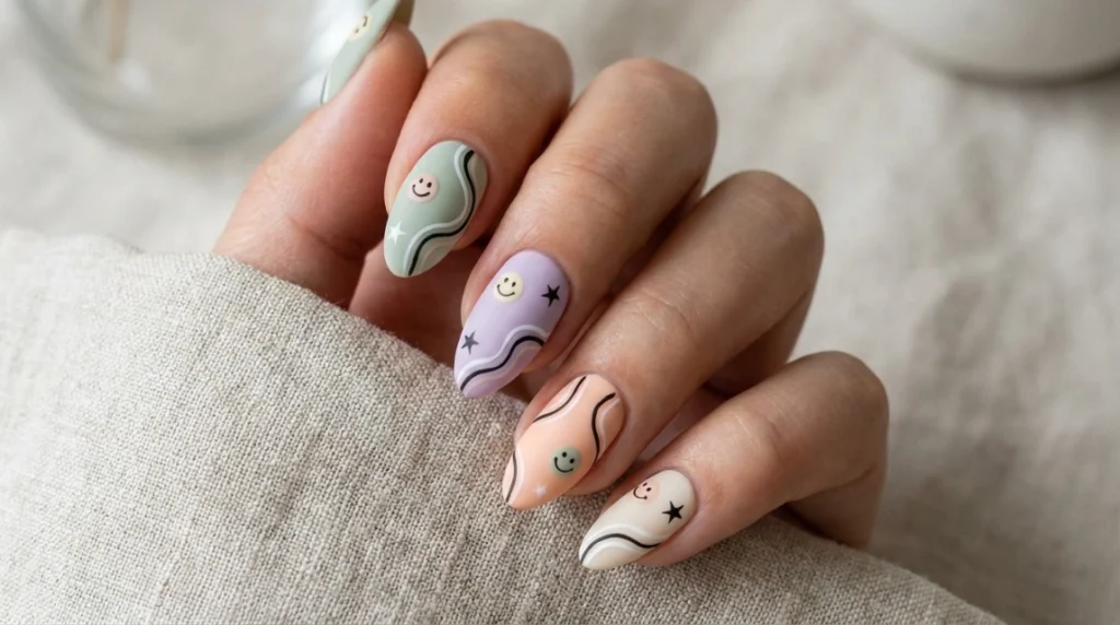 Retro doodles on a coordinated pastel palette keep mismatched nail designs for teens playful, not cluttered