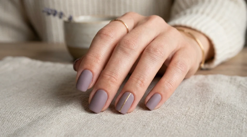A restrained gold detail on dusty mauve nails