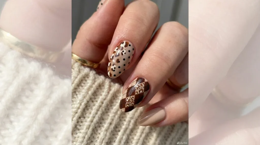 No print needed — this brown-and-cream palette captures the deer print nails aesthetic through color alone.