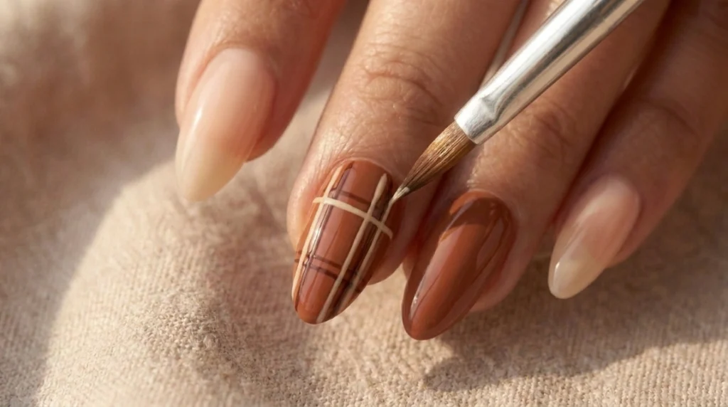 The completed plaid accent is the defining detail of brown plaid almond nails.
